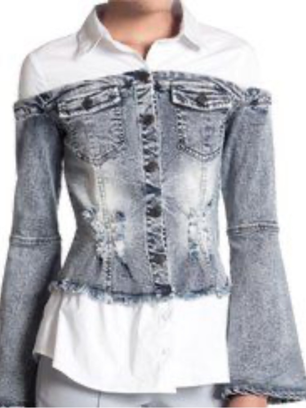 Off-Shoulder Acid-Wash Denim Jacket with White Shirt Layer - Picture 6 of 6